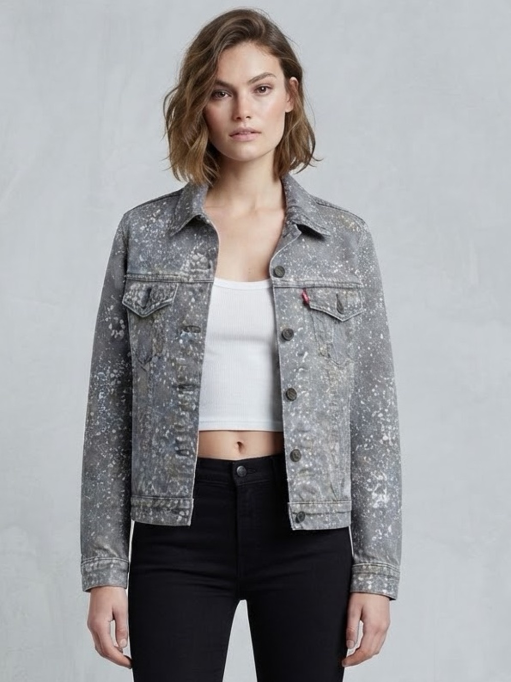 Levi's Ex-Boyfriend Trucker Denim Jean Jacket XS Gray White Splatter Bleach